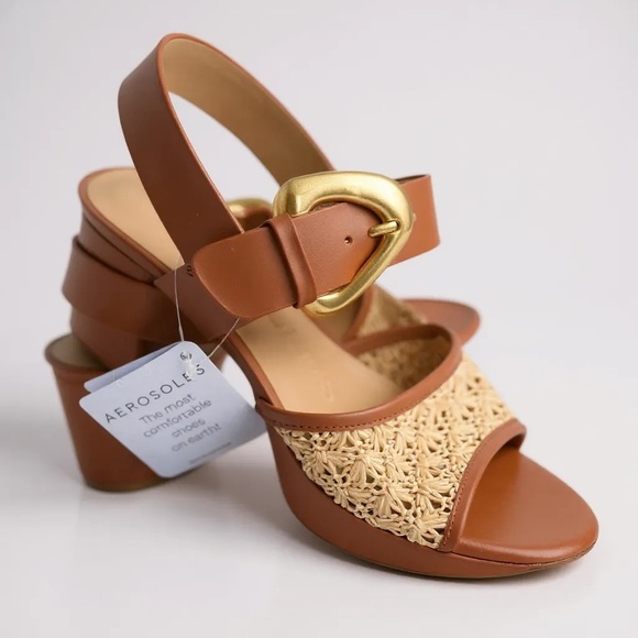 NWT AEROSOLES Tan and Brown Sandals with Gold Accent - Picture 1 of 10